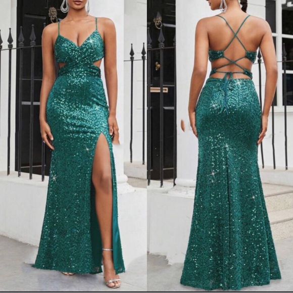 Luxe sexy crisscross open back slit thigh party formal evening dress